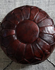 Mahogany colored round natural leather pouf - 22"x14"inches