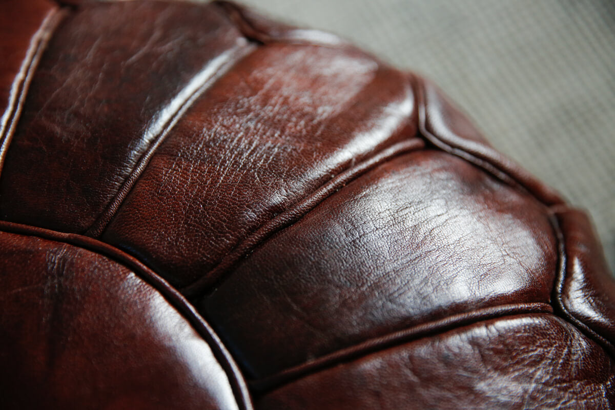 Mahogany colored round natural leather pouf - 22&quot;x14&quot;inches