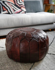 Mahogany colored round natural leather pouf - 22"x14"inches