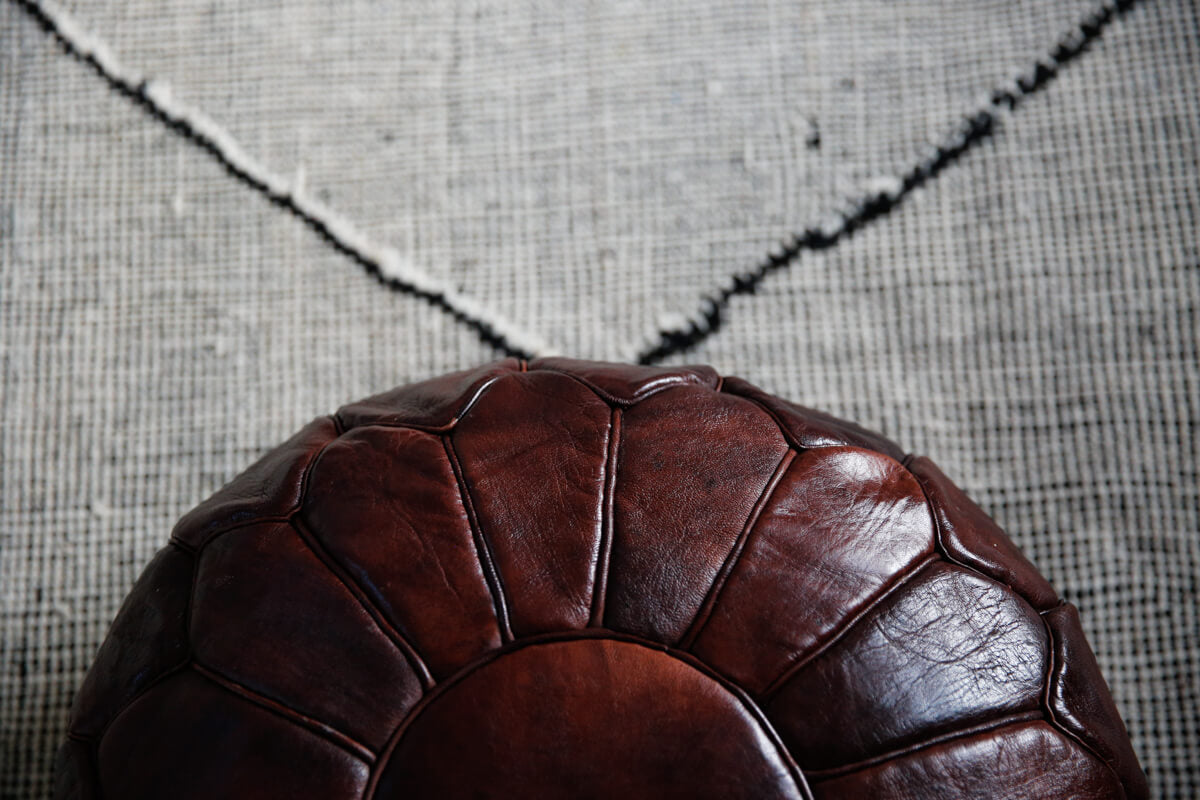 Mahogany colored round natural leather pouf - 22&quot;x14&quot;inches