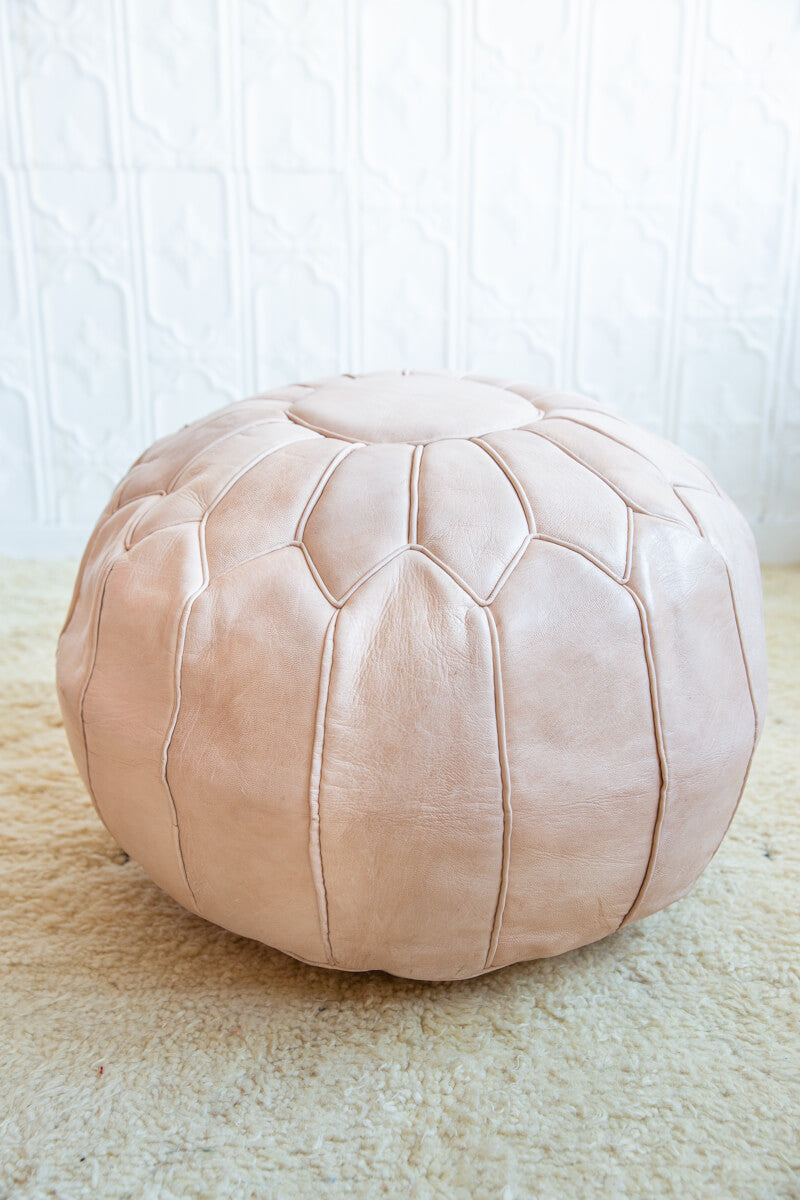 Light Natural Genuine Leather Round Floor Pouf - 22&quot;x14&quot; inches