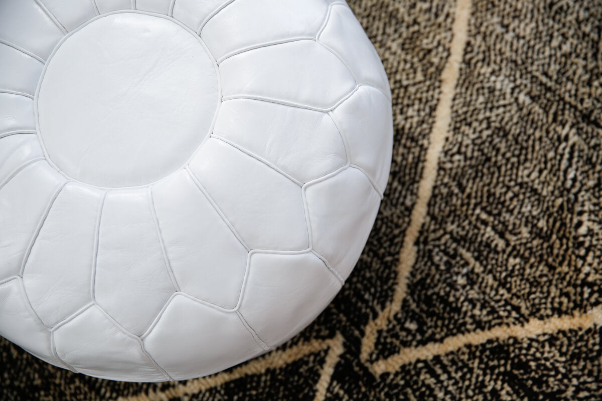 White Round Genuine Leather Floor Pouf - 22&quot;x14&quot;inches