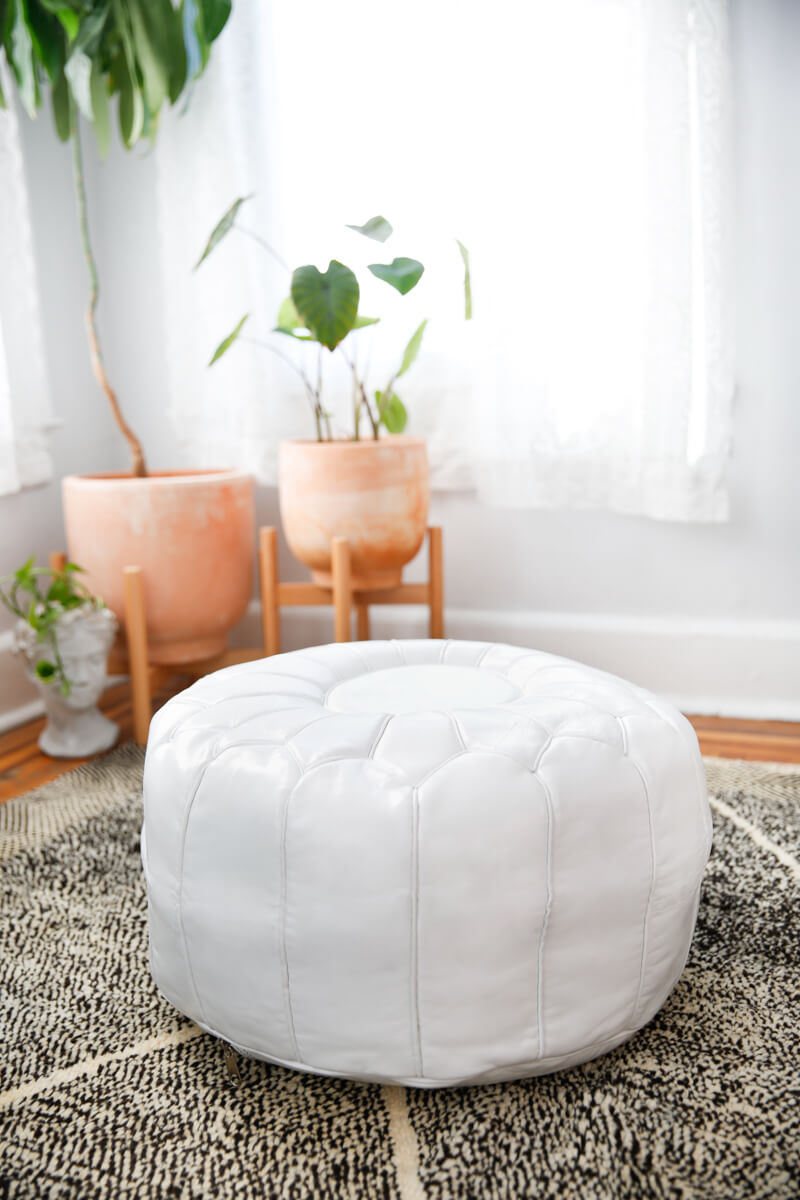 White Round Genuine Leather Floor Pouf - 22&quot;x14&quot;inches