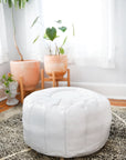 White Round Genuine Leather Floor Pouf - 22"x14"inches