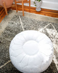 White Round Genuine Leather Floor Pouf - 22"x14"inches