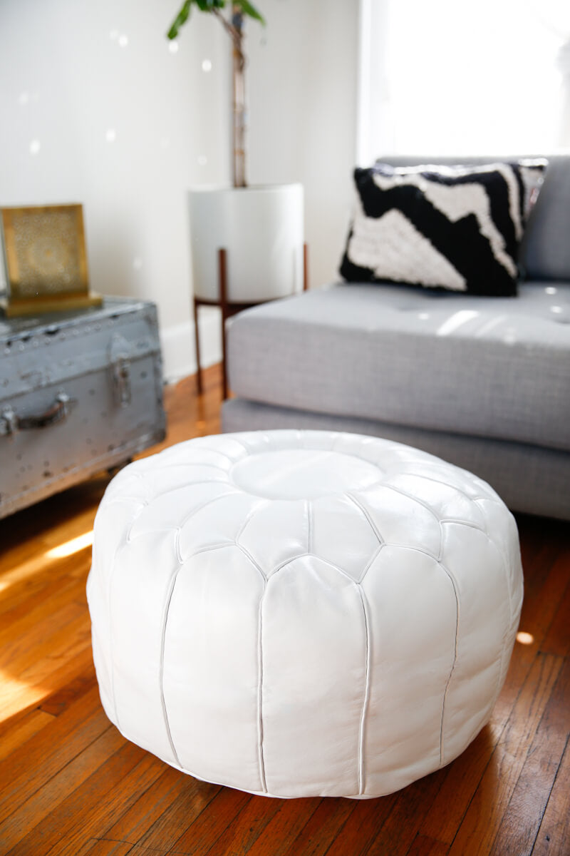 White Round Genuine Leather Floor Pouf - 22&quot;x14&quot;inches