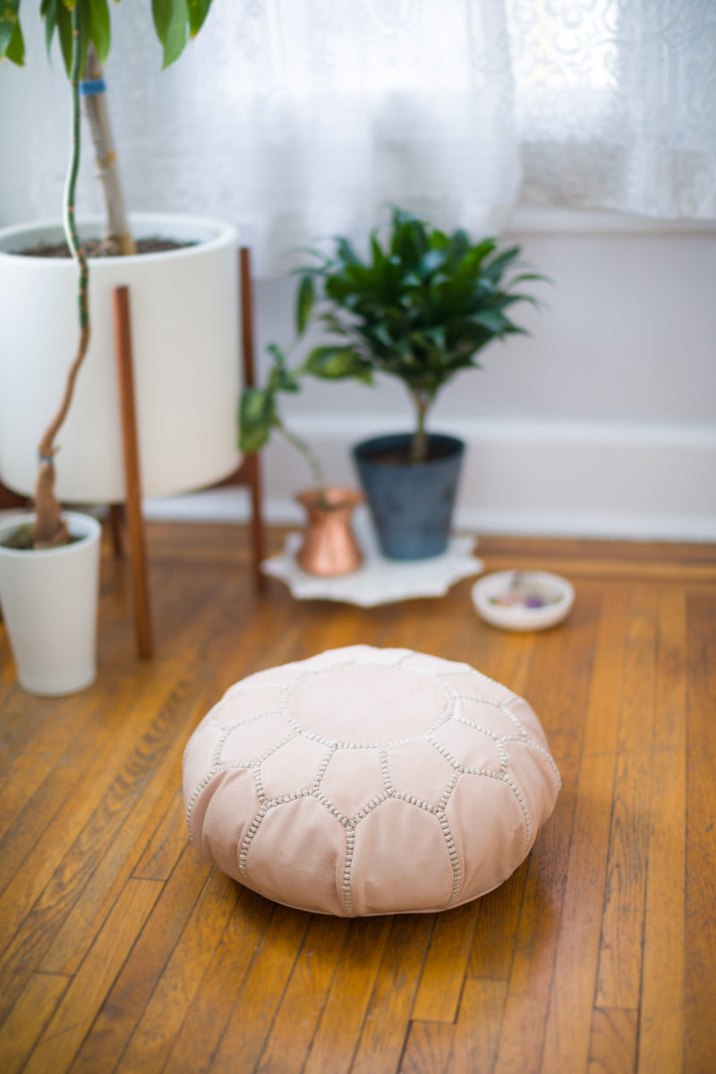 Leather Meditation Zafu / Mini Pouf / Floor seat cushion - Light Natural