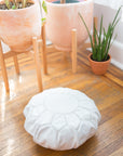 Kids size stuffed white leather floor pouf seats