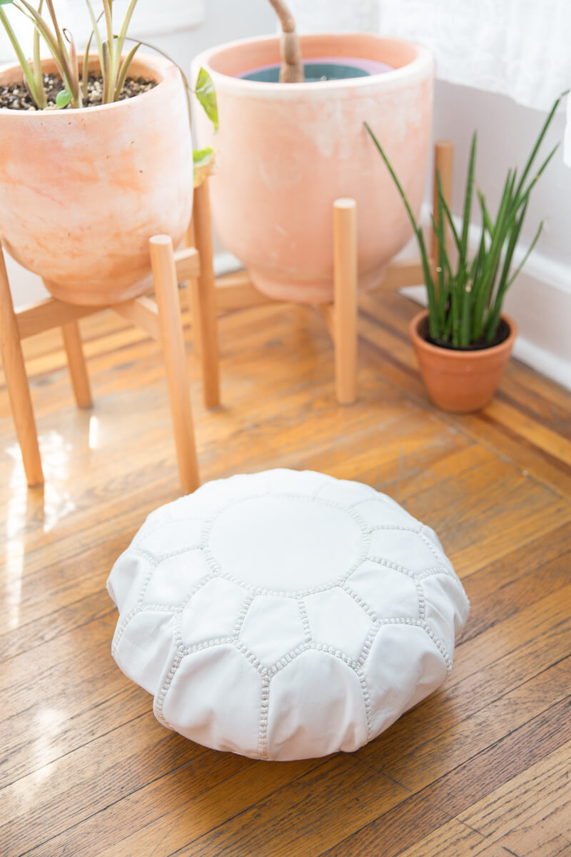 Kids size stuffed white leather floor pouf seats