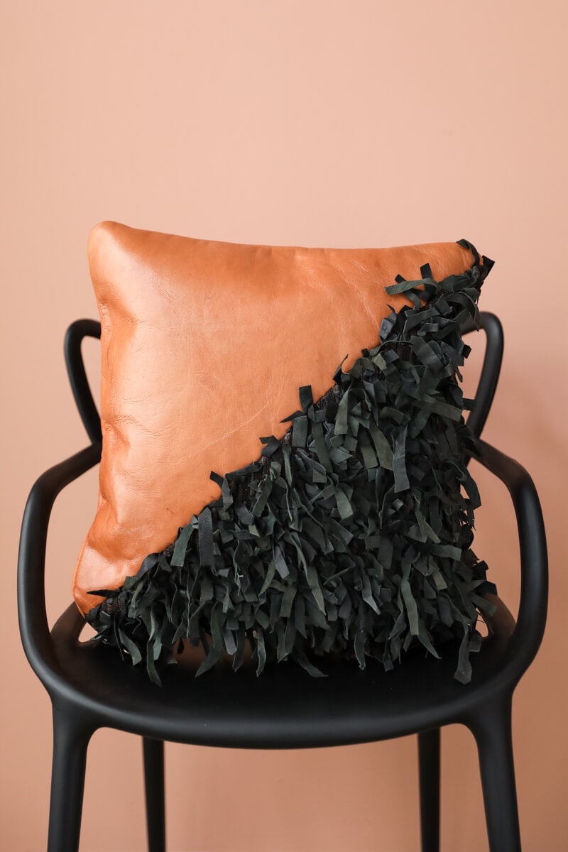 Geometric Shag Leather Decorative Pillow - Chestnut - 18 x 18&quot; inches