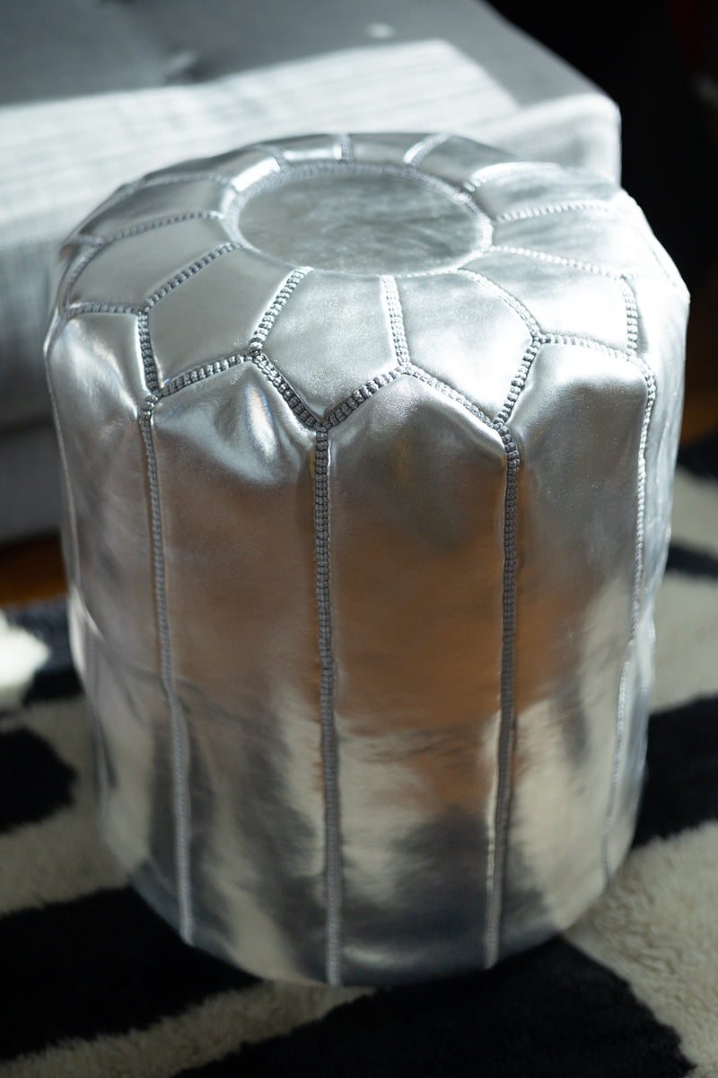 Silver Tall Leather Floor Pouf - 15&quot; x 18&quot; inches