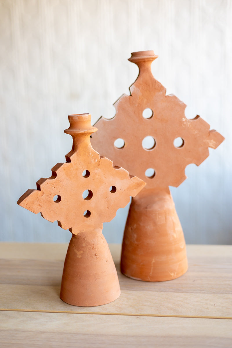 Chabi Chic Raw Terracotta Diamond Candle Holder - Available in 2 sizes