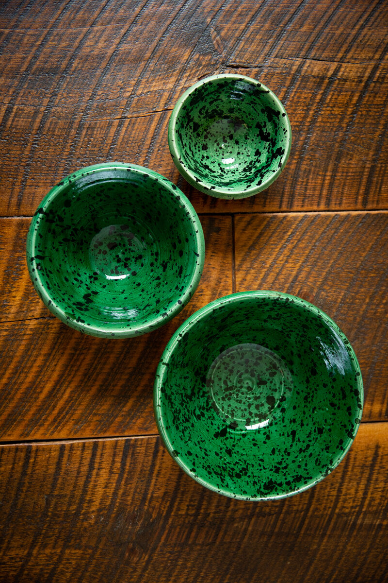 Green Splatter Glazed Nesting Bowls - Chabi Chic Granito - Set of 3