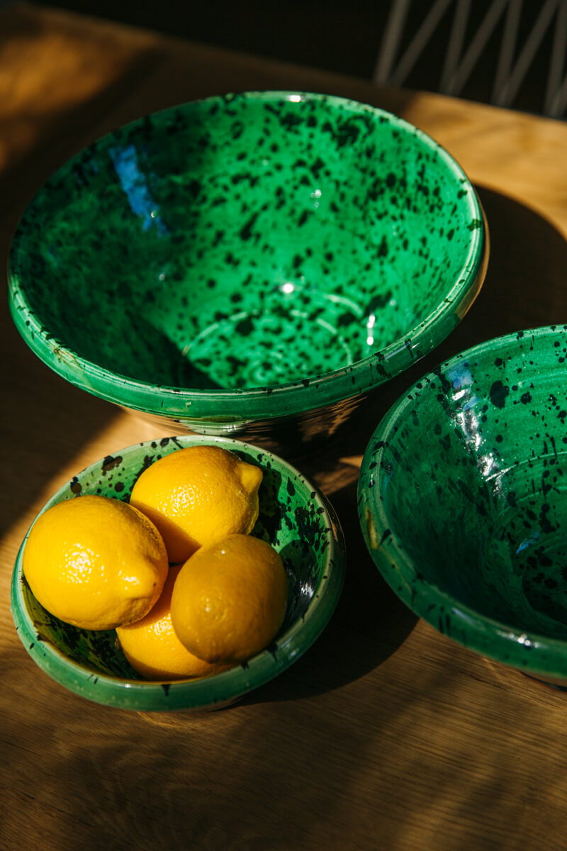 Green Splatter Glazed Nesting Bowls - Chabi Chic Granito - Set of 3