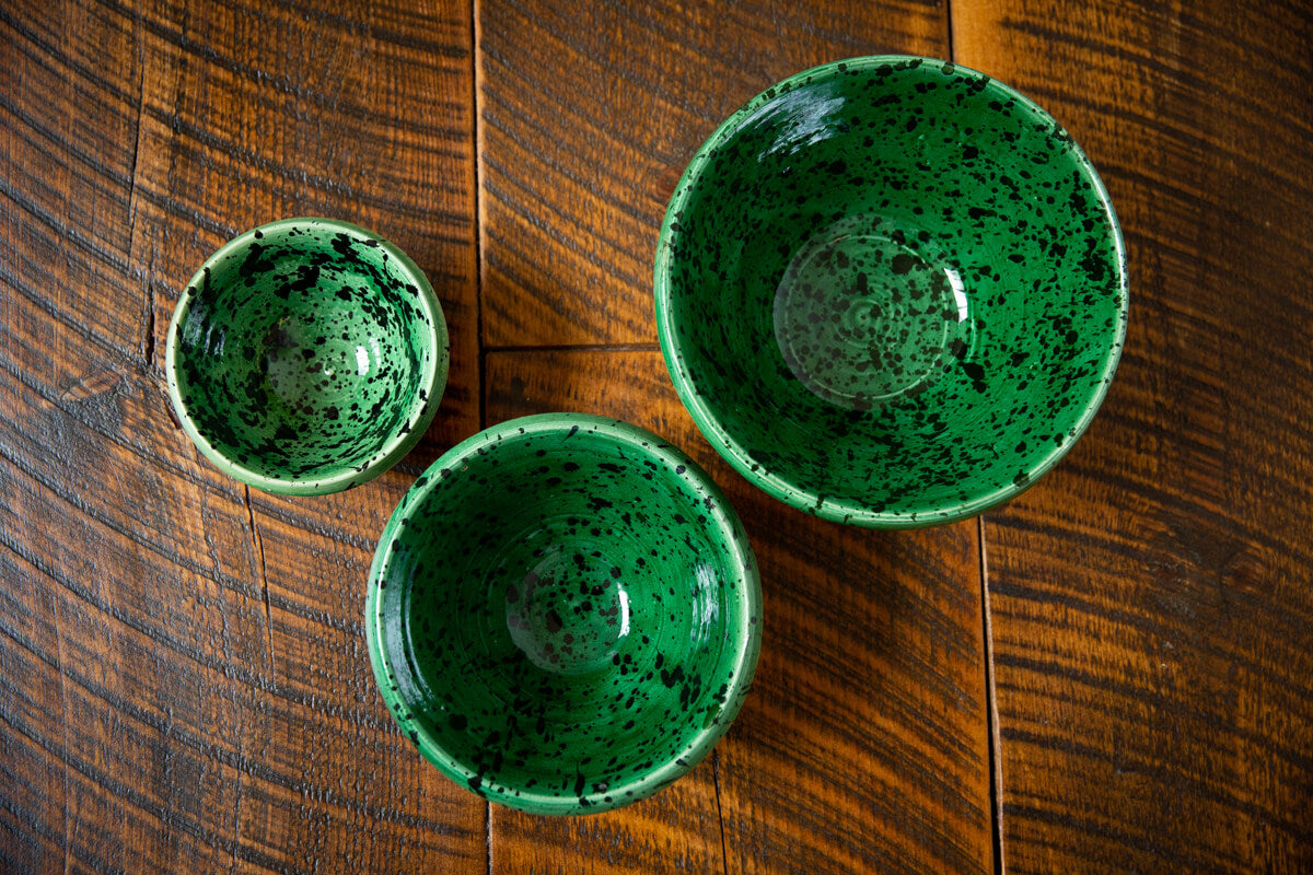 Set of 3 Green Splatter Glazed Decorative Nesting Bowls - Chabi Chic