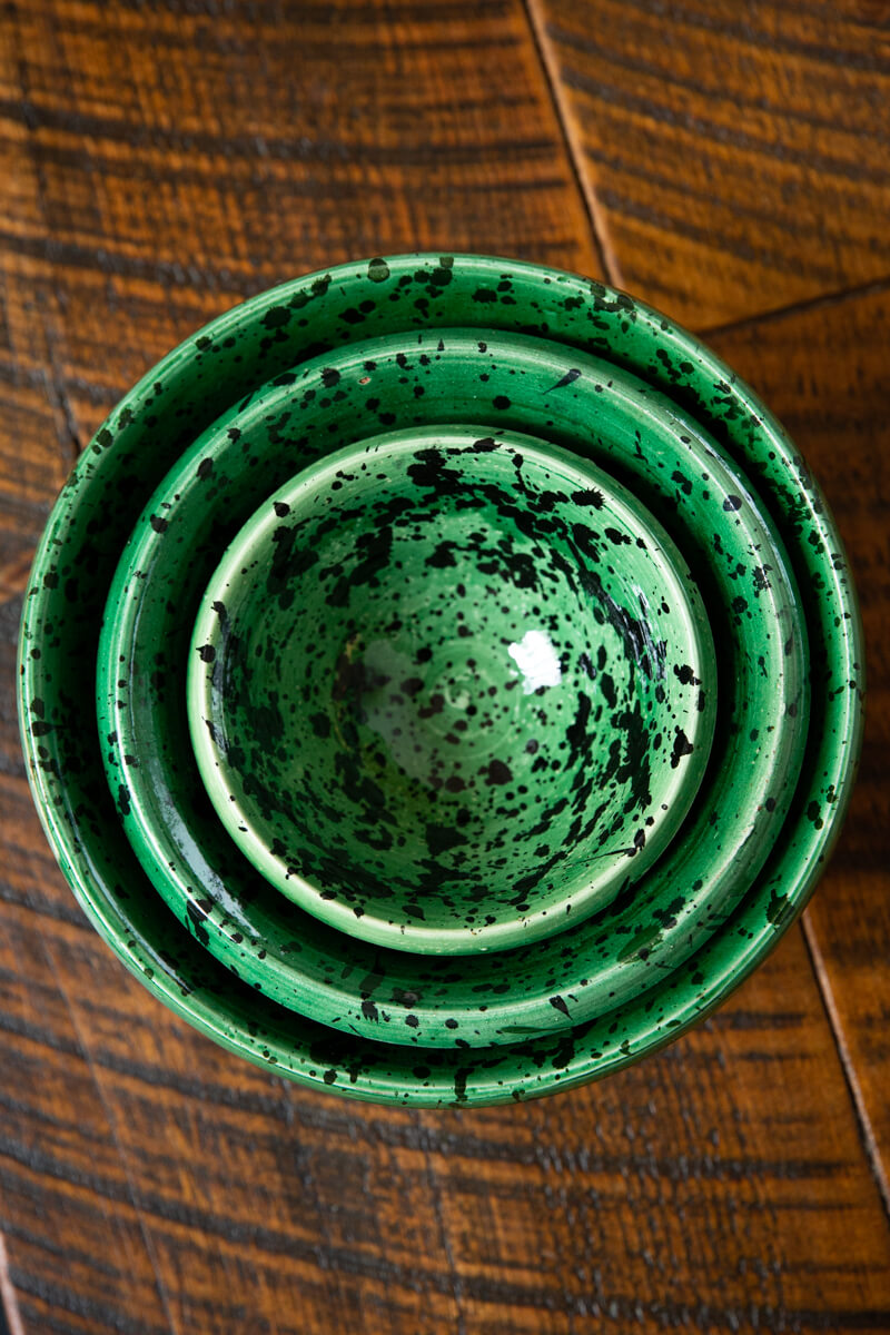 Set of 3 Green Splatter Glazed Decorative Nesting Bowls - Chabi Chic