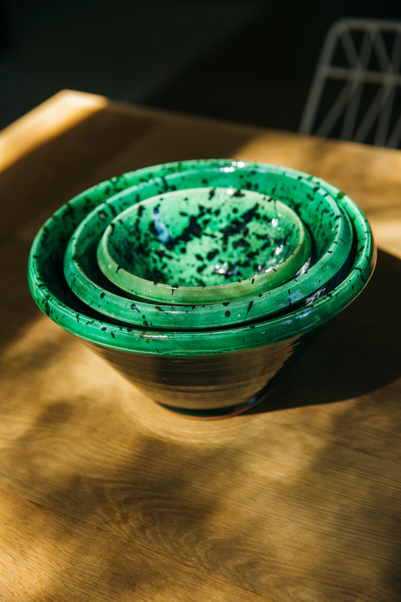 Set of 3 Green Splatter Glazed Decorative Nesting Bowls - Chabi Chic