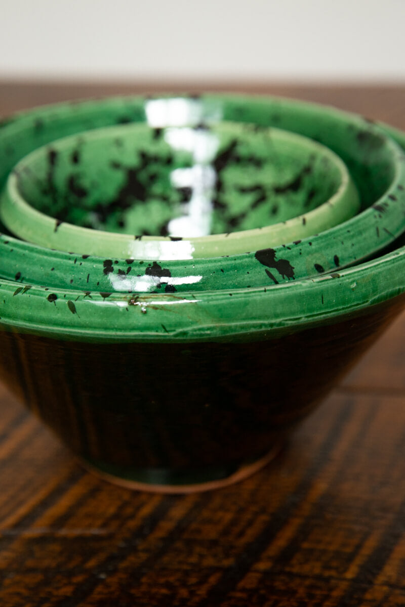 Set of 3 Green Splatter Glazed Decorative Nesting Bowls - Chabi Chic