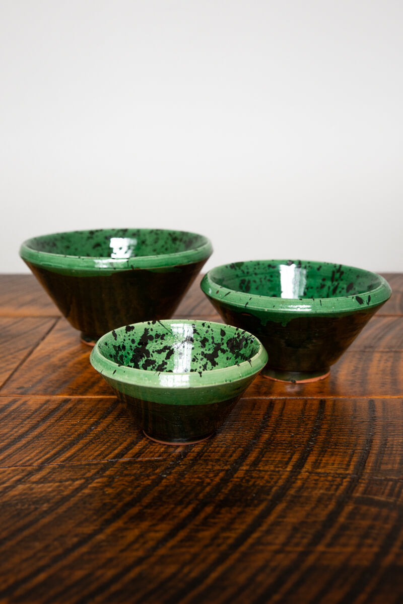 Set of 3 Green Splatter Glazed Decorative Nesting Bowls - Chabi Chic