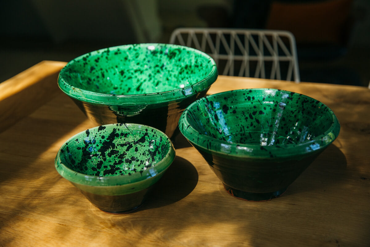Set of 3 Green Splatter Glazed Decorative Nesting Bowls - Chabi Chic