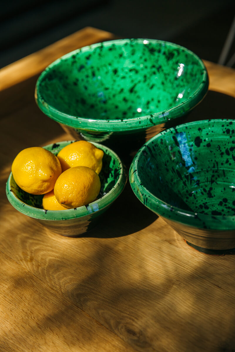 Set of 3 Green Splatter Glazed Decorative Nesting Bowls - Chabi Chic
