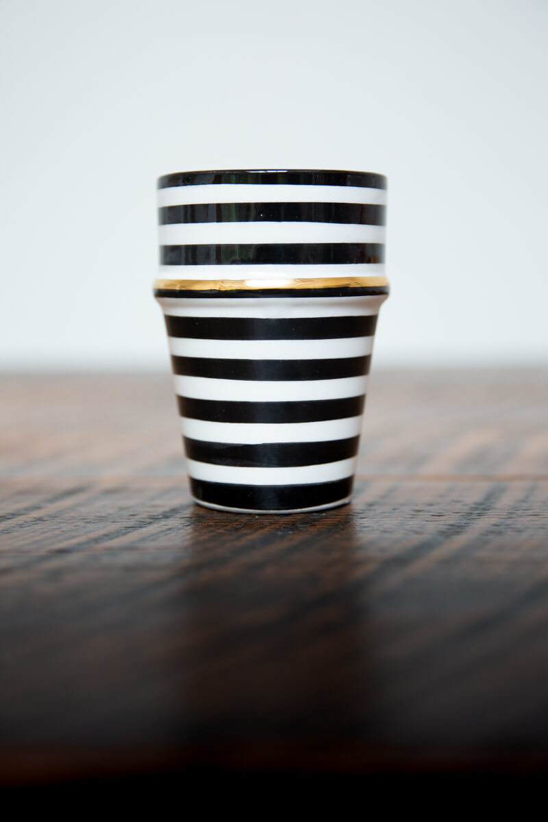 Set of 2 - Chabi Chic Handmade Beldi Stripe Ceramic Cups - Black and White with 12K Gold - Avail. 4 oz &amp; 10 oz