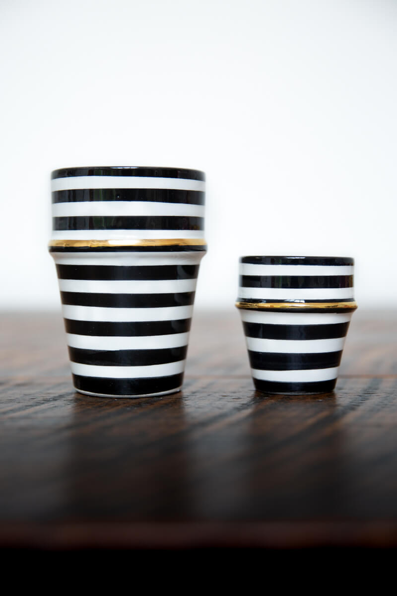 Set of 2 - Chabi Chic Handmade Beldi Stripe Ceramic Cups - Black and White with 12K Gold - Avail. 4 oz &amp; 10 oz