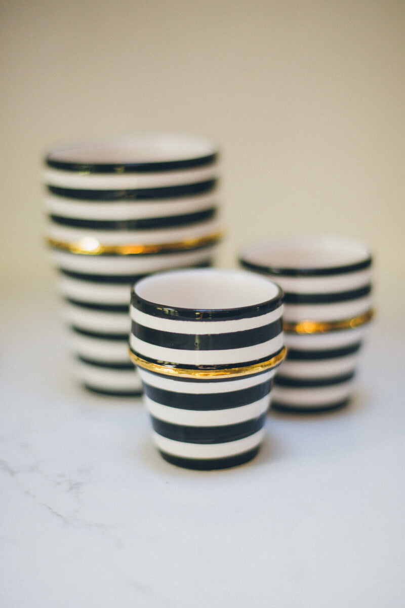 Set of 2 - Chabi Chic Handmade Beldi Stripe Ceramic Cups - Black and White with 12K Gold - Avail. 4 oz &amp; 10 oz