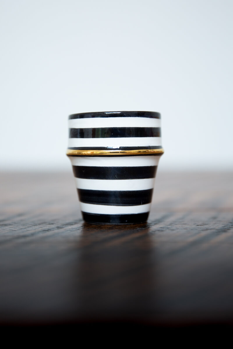 Set of 2 - Chabi Chic Handmade Beldi Stripe Ceramic Cups - Black and White with 12K Gold - Avail. 4 oz &amp; 10 oz