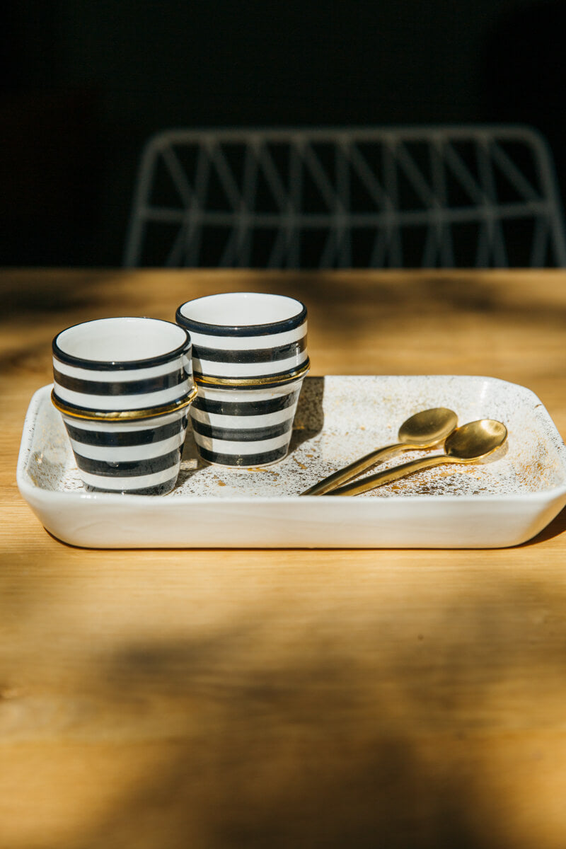 Set of 2 - Chabi Chic Handmade Beldi Stripe Ceramic Cups - Black and White with 12K Gold - Avail. 4 oz &amp; 10 oz