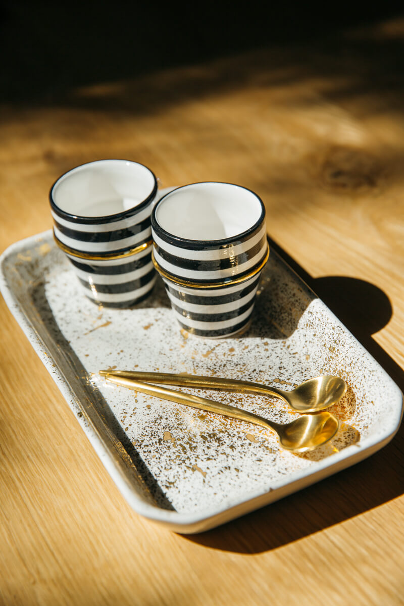 Set of 2 - Chabi Chic Handmade Beldi Stripe Ceramic Cups - Black and White with 12K Gold - Avail. 4 oz &amp; 10 oz