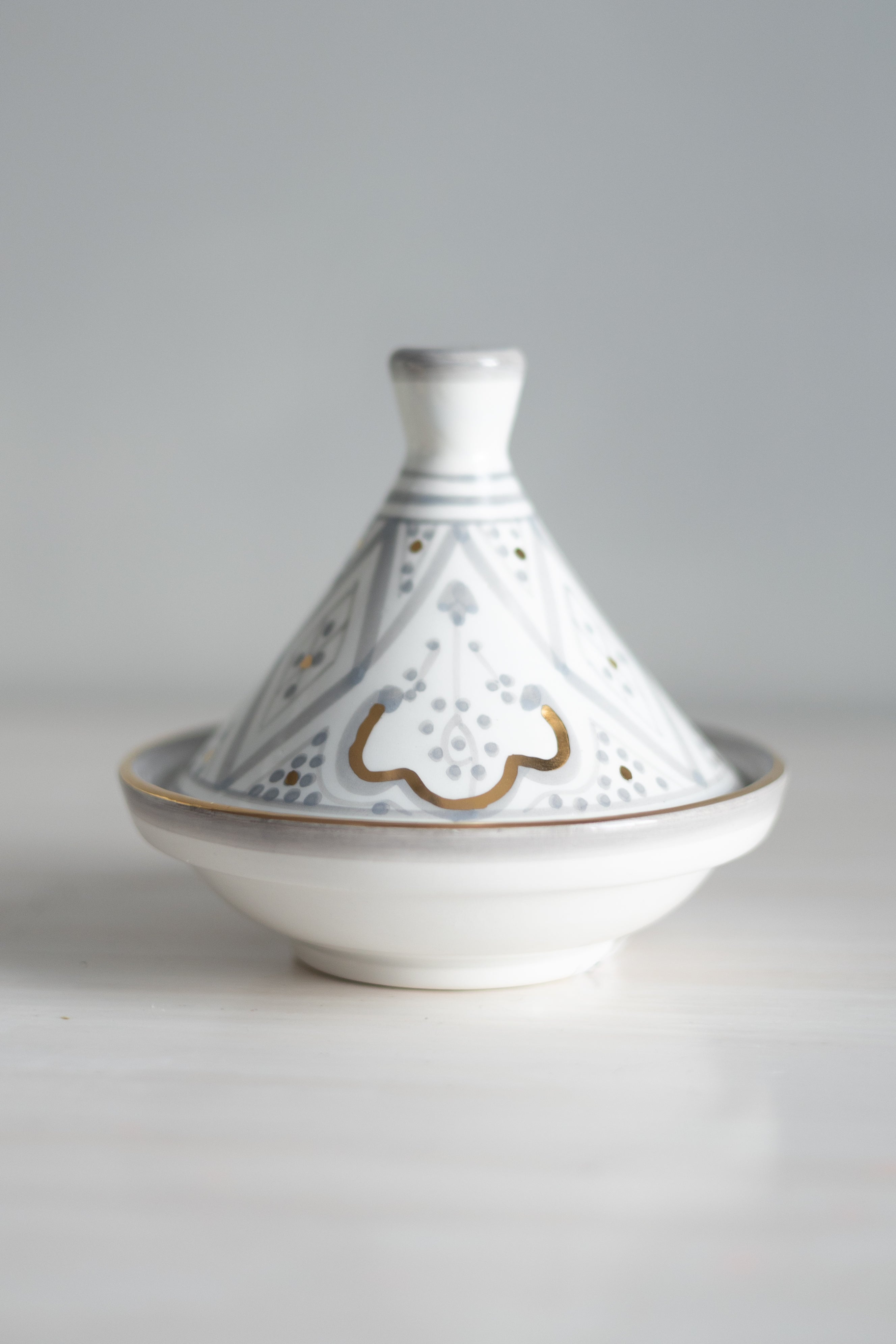 Hand-painted Gray + 12 karat Gold Zwak Decorative Ceramic Tagine - Chabi Chic - Avail. in Medium &amp; Large