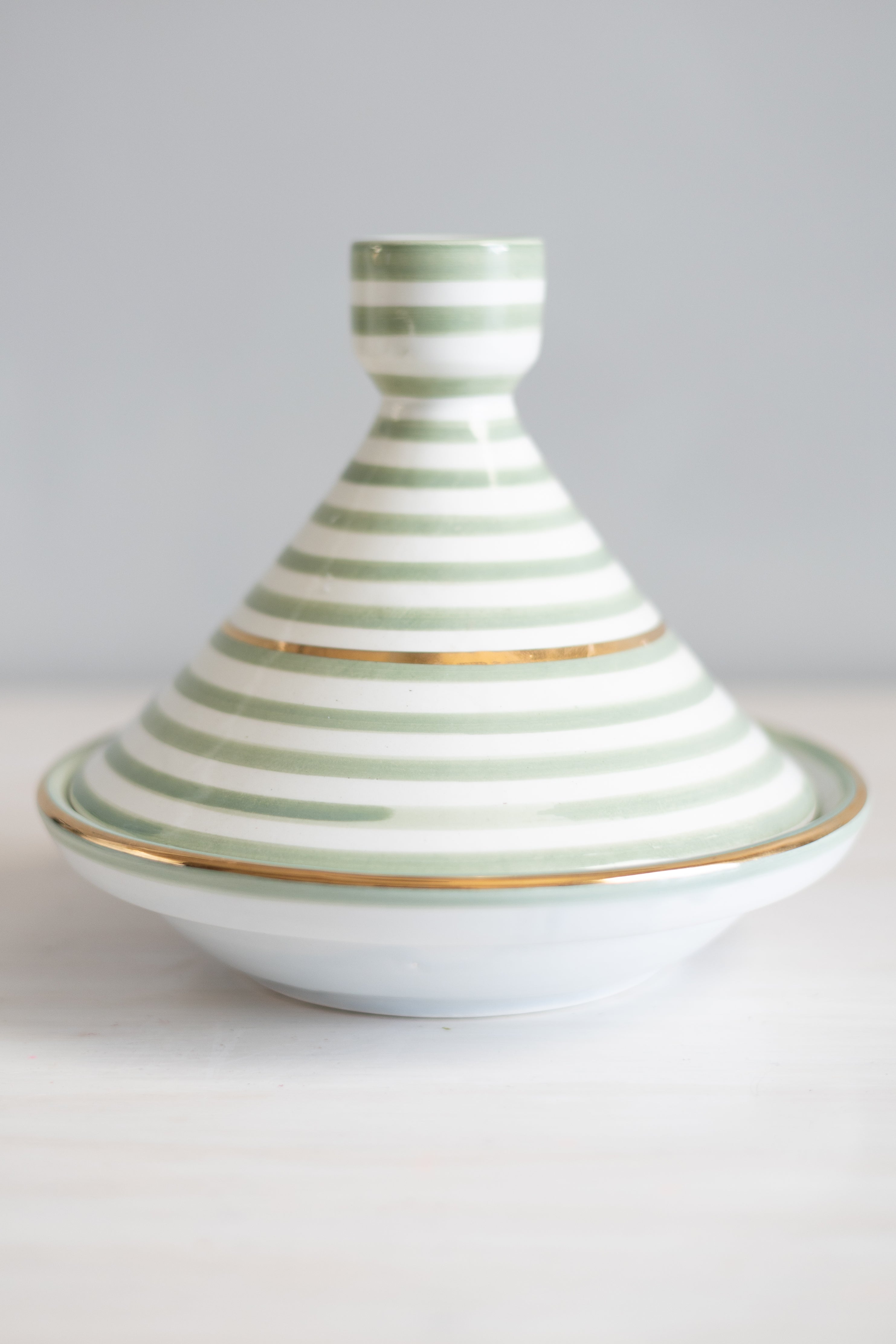 Hand-painted Almond Green + 12 karat Gold Stripe Decorative Ceramic Tagine - Chabi Chic - Large