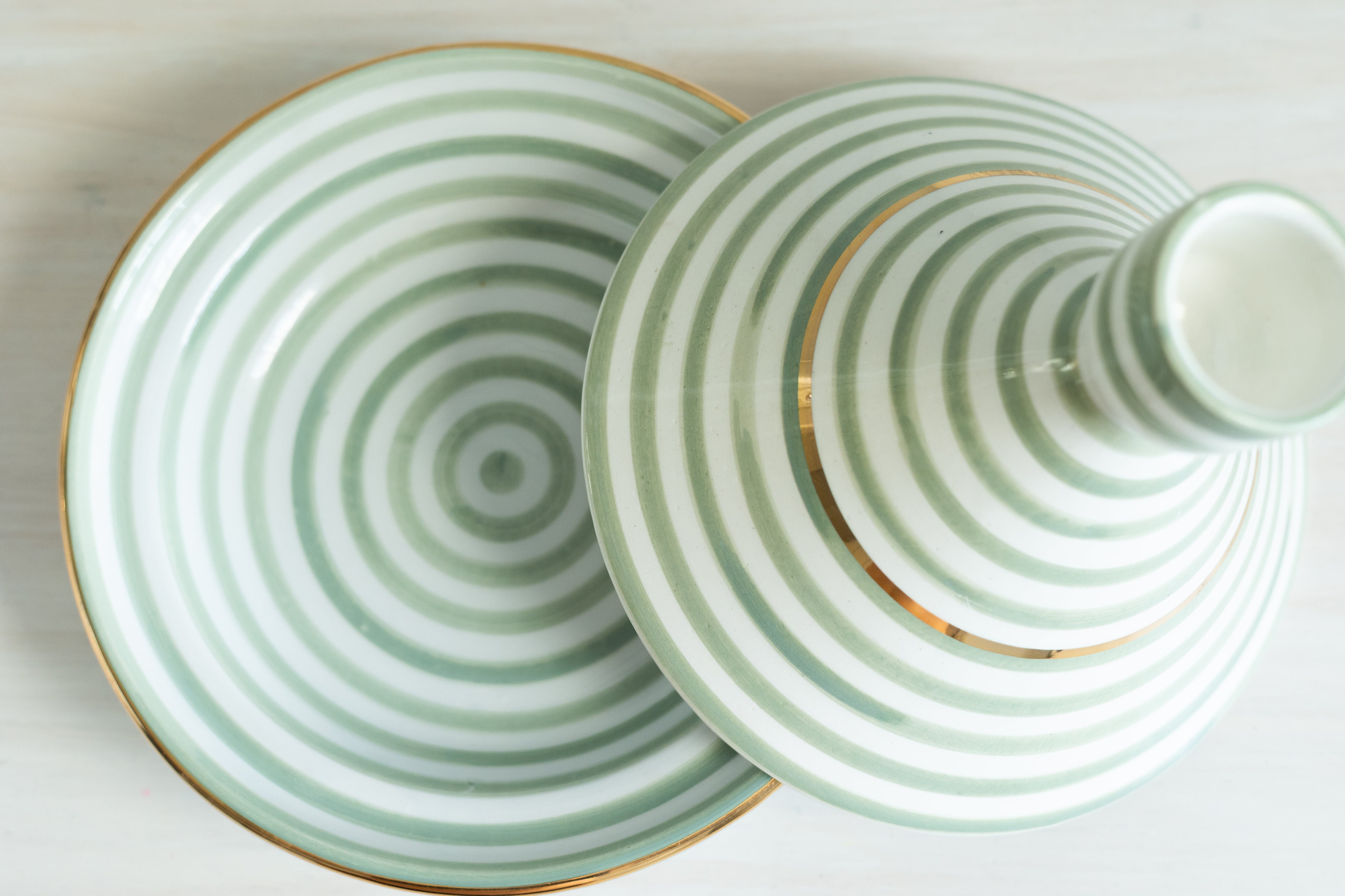 Hand-painted Almond Green + 12 karat Gold Stripe Decorative Ceramic Tagine - Chabi Chic - Large