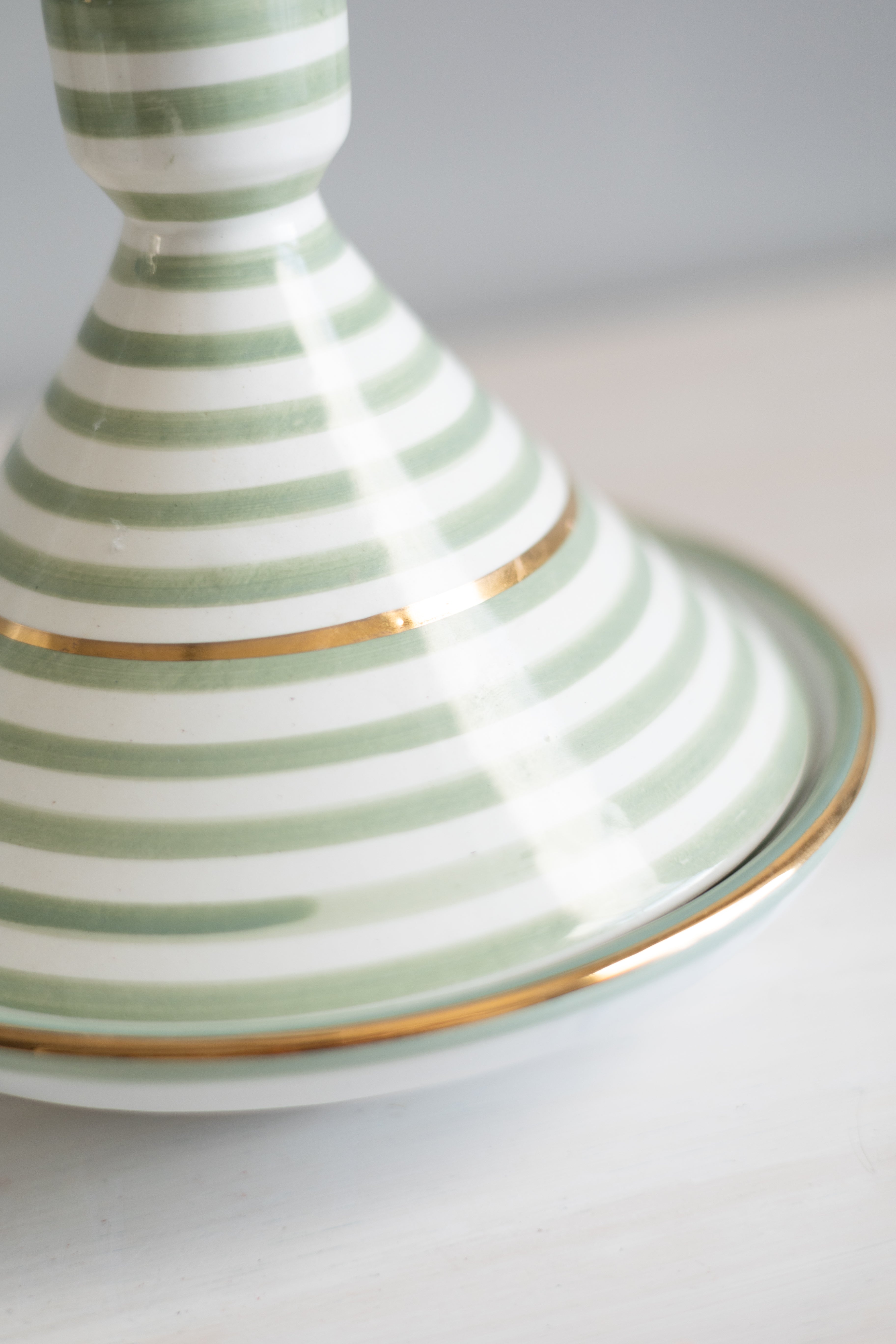 Hand-painted Almond Green + 12 karat Gold Stripe Decorative Ceramic Tagine - Chabi Chic - Large