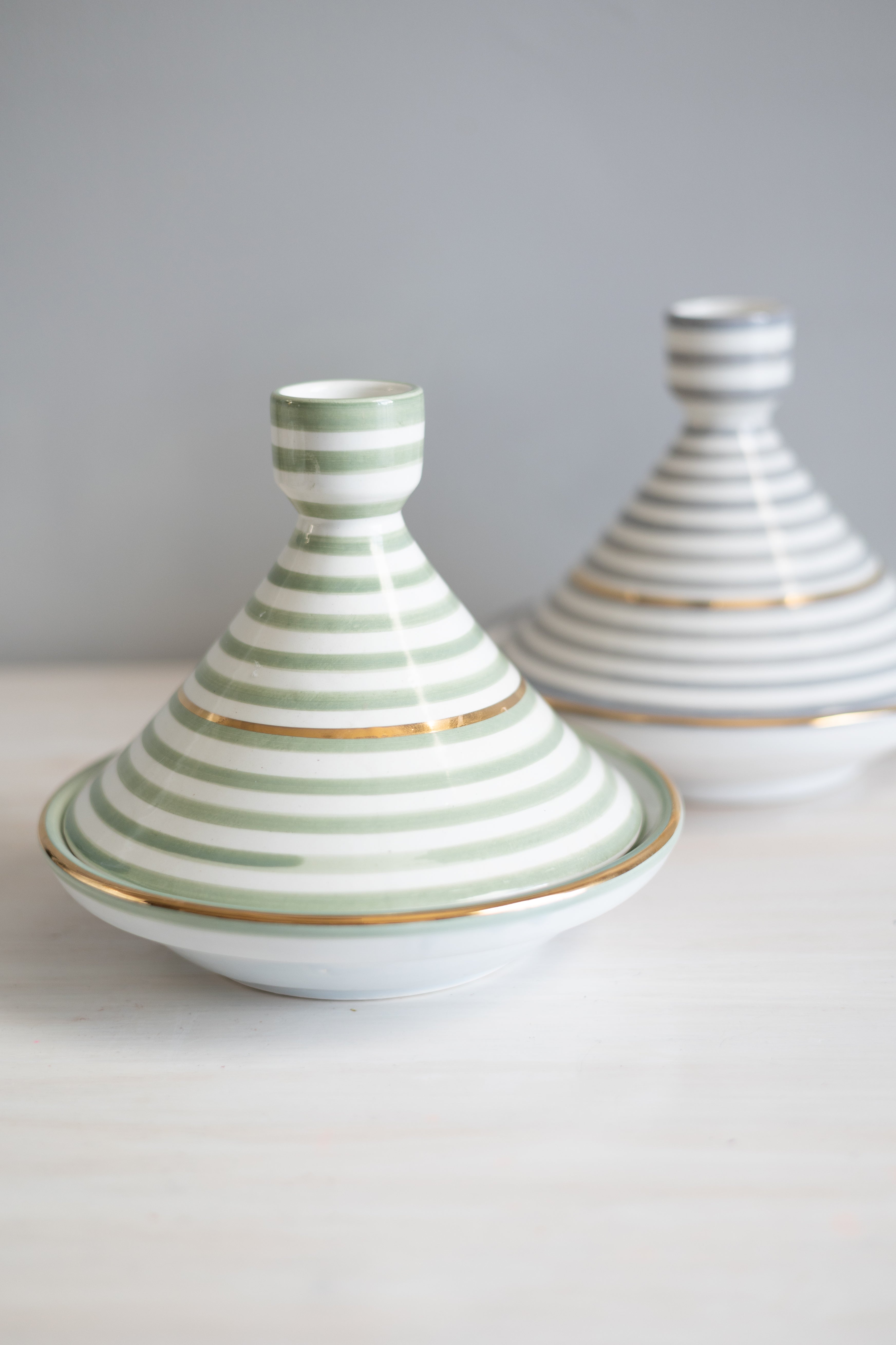 Hand-painted Almond Green + 12 karat Gold Stripe Decorative Ceramic Tagine - Chabi Chic - Large