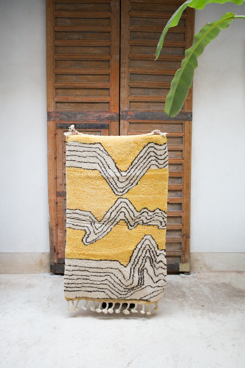 &quot;Sunscape&quot; Customizable Yellow, Black and White Moroccan Wool Area Rug - Made-to-Order