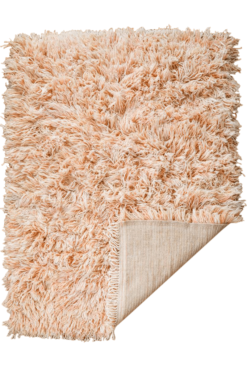 Reversible Peach and Pink Shag Moroccan Wool Rug With Beige Striped Backside