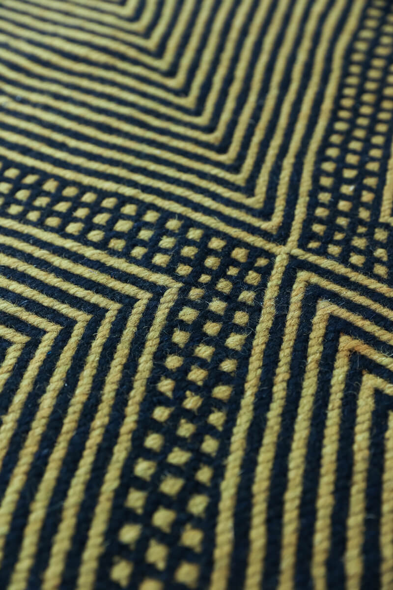 close up at angle of Black and Olive Green Zanafi Moroccan Wool Rug