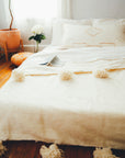 Moroccan Pom Pom Wool Blanket - Natural White