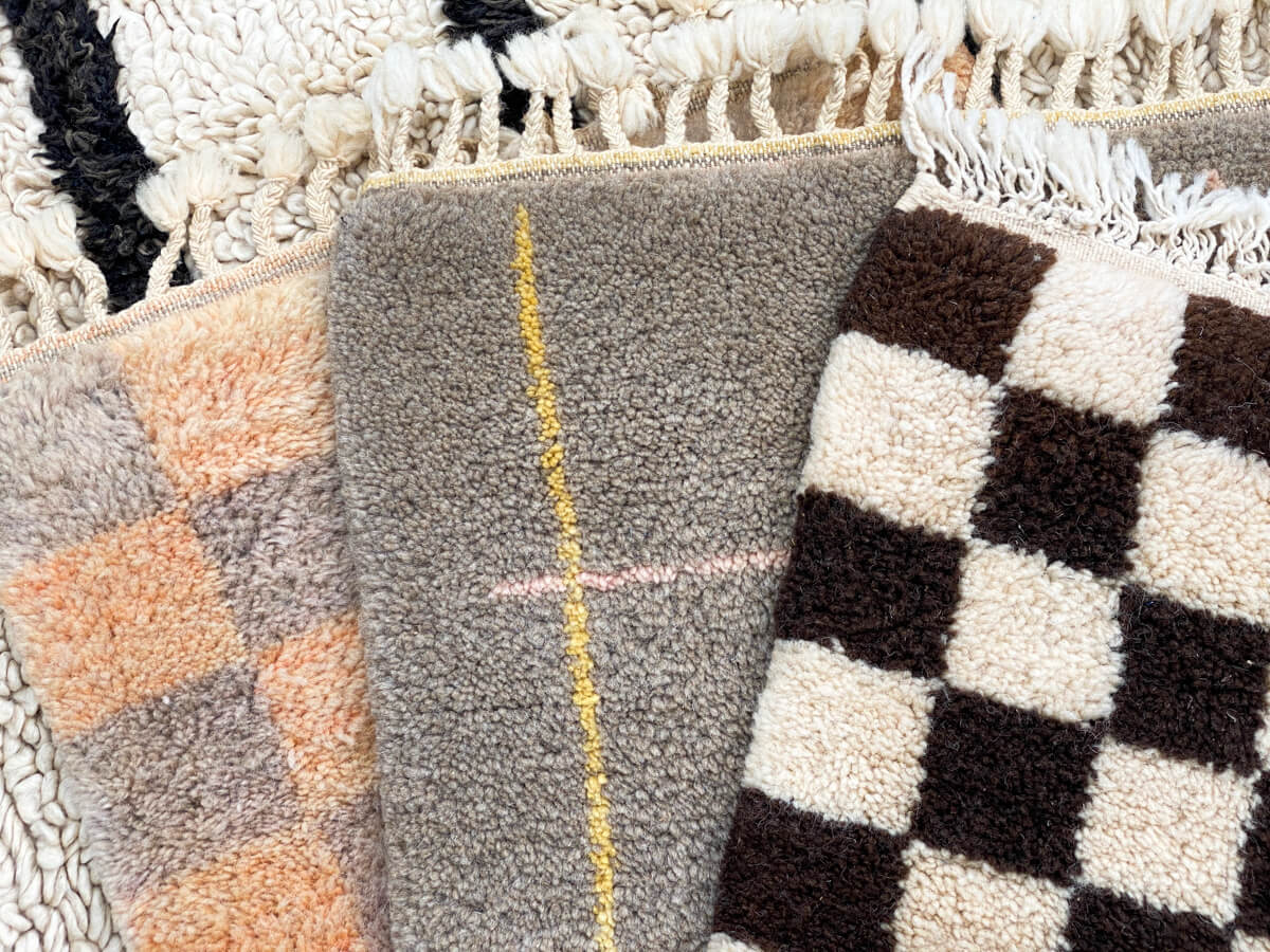 White & Brown Checker Beni Mini Moroccan Wool Rug - 2x3 ft - OUIVE