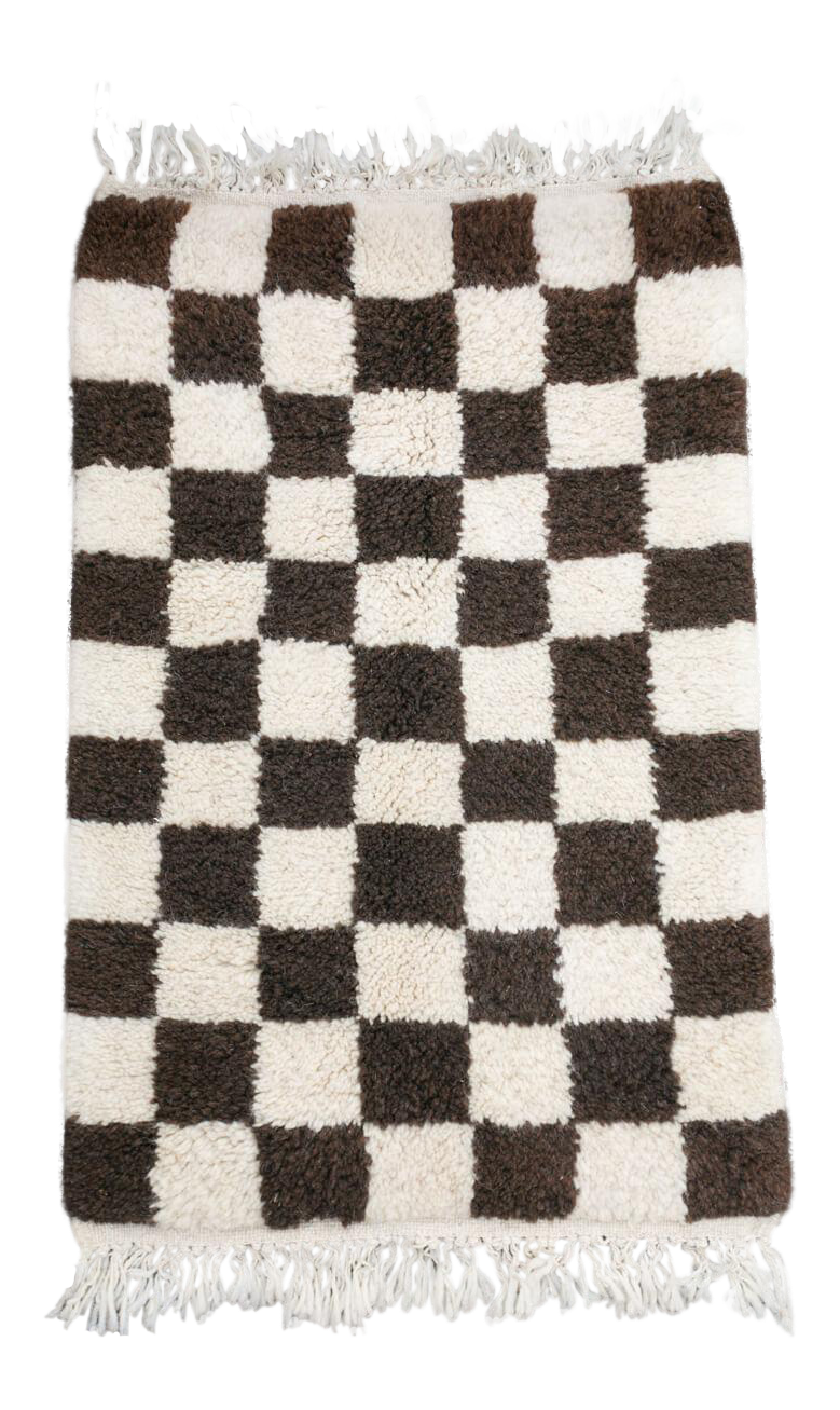 White &amp; Brown Checker Beni Mini Moroccan Wool Rug 2x3 ft