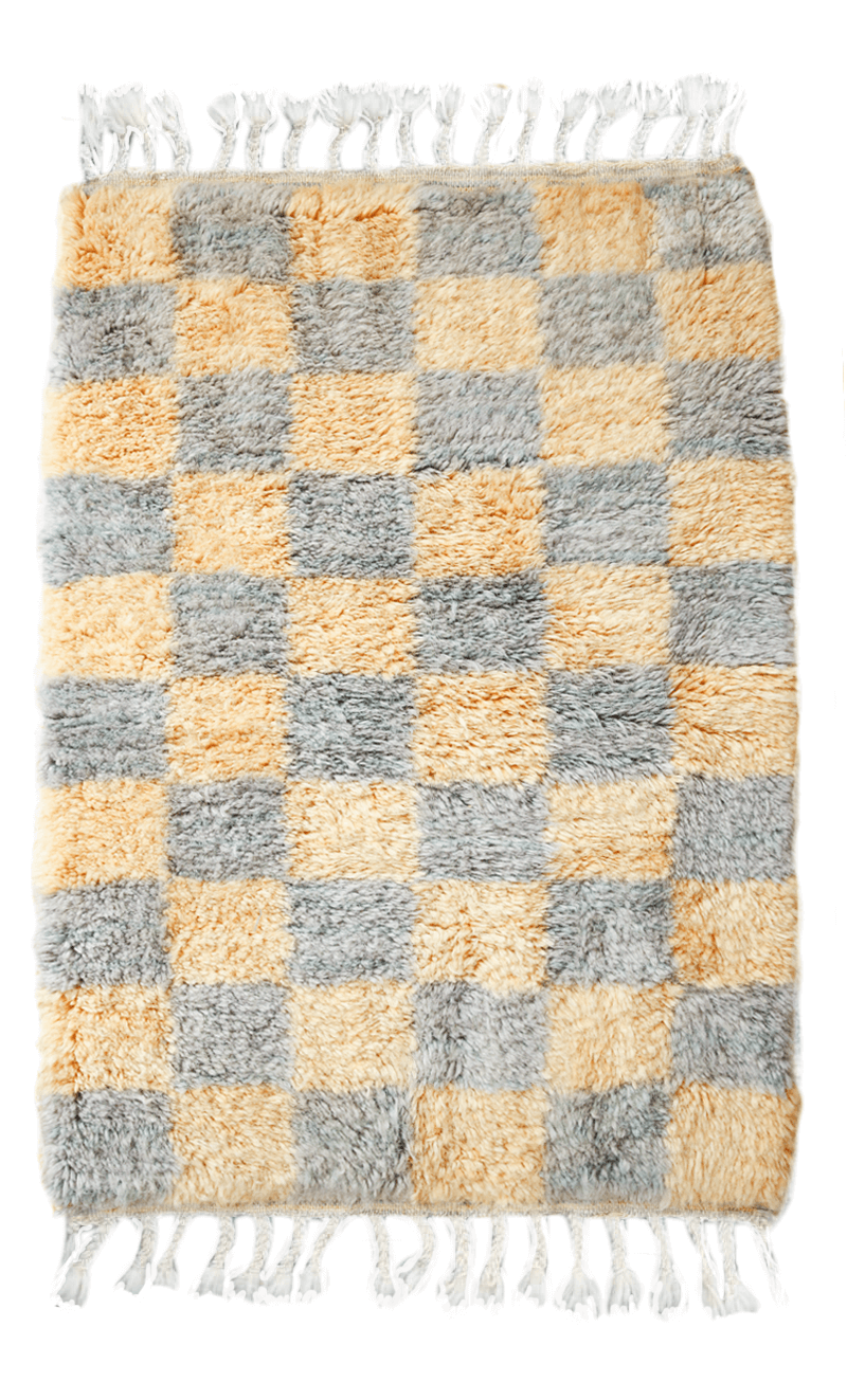Grey, Pink Yellow Grid Beni Mini Moroccan Wool Rug - 2x3 ft
