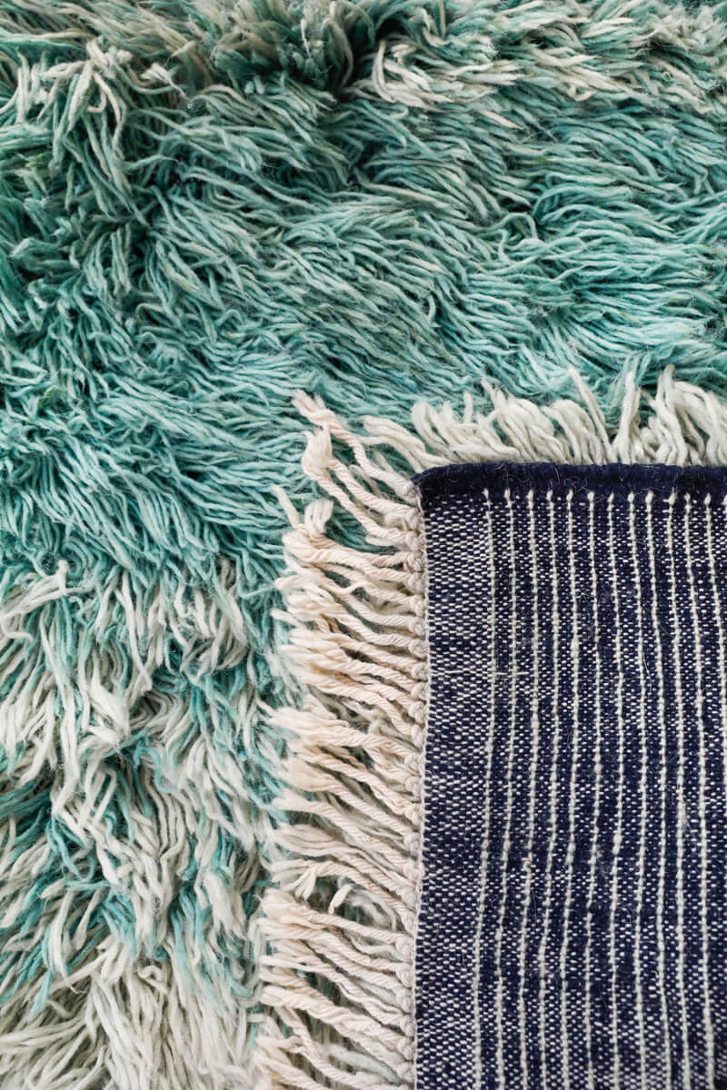 Made-to-order Aquamarine Ombré Ultra Shag Reversible Moroccan Wool Rug - Navy Blue Stripe Back