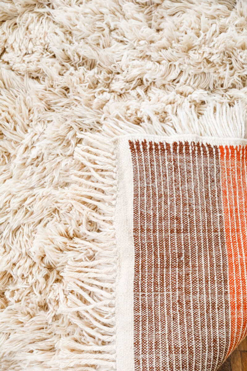 Sunset Reversible Shag Moroccan Wool Rug - Natural White with Striped Back