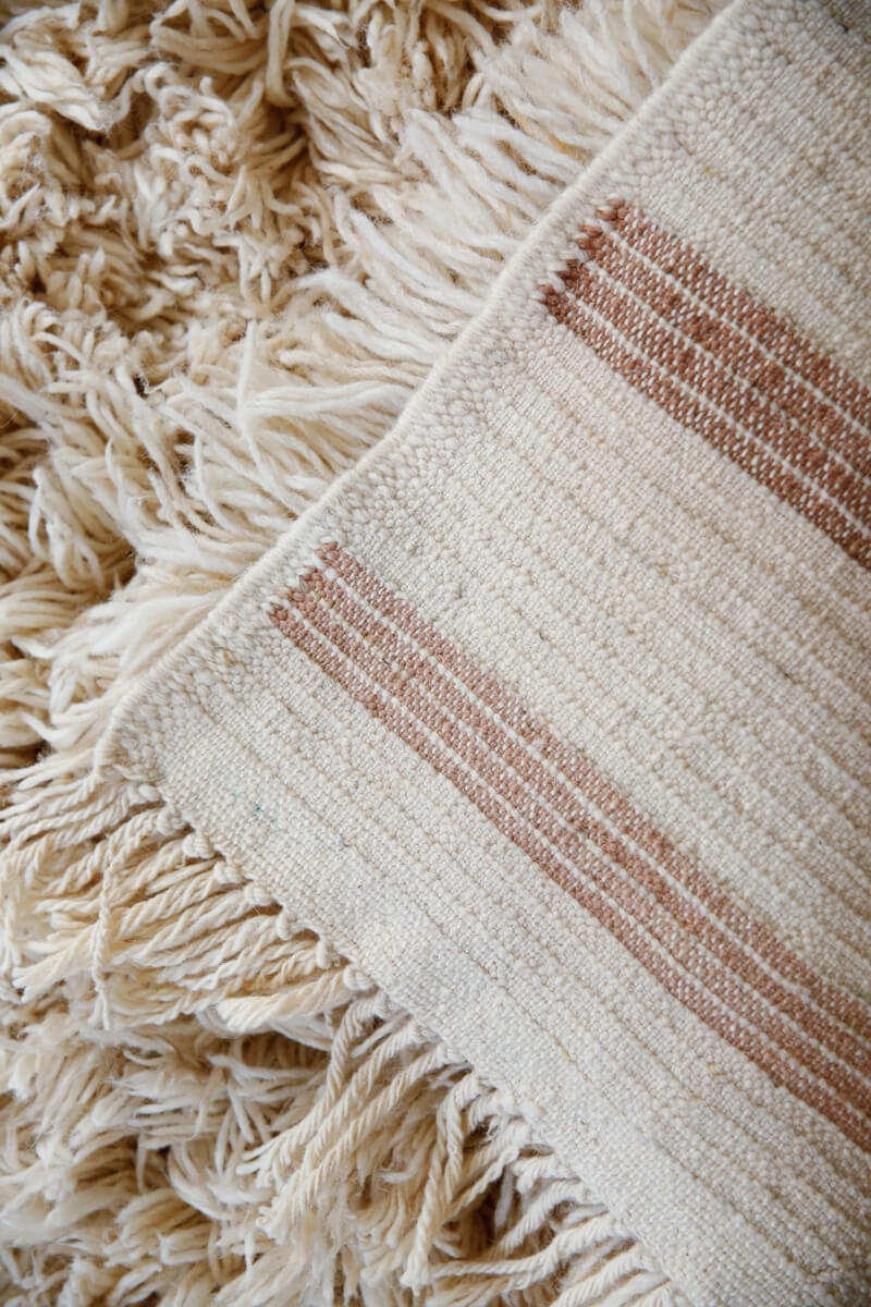 Reversible Natural White Shag Moroccan Wool Rug With Light Rose, Mauve, Sienna Stripe Back