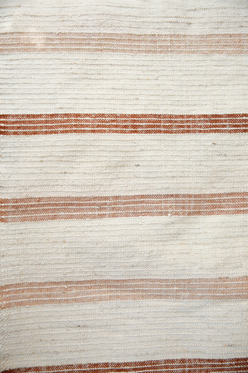 Reversible Natural White Shag Moroccan Wool Rug With Light Rose, Mauve, Sienna Stripe Back