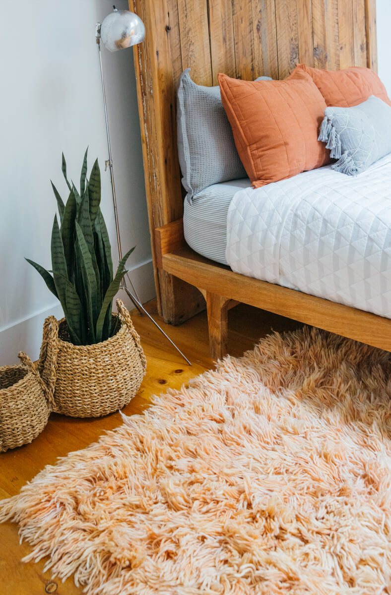Cozy Bedroom with Peach and Pink Shag Moroccan Wool Rug 