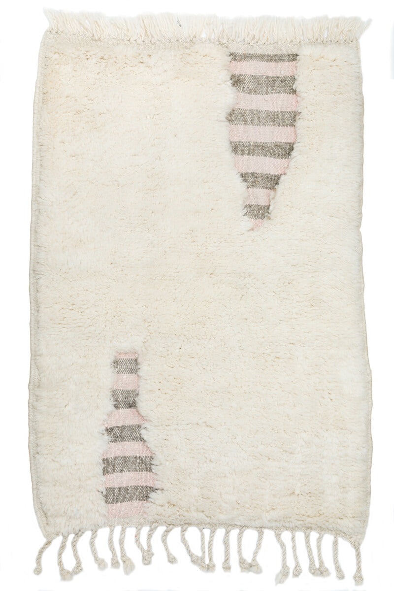 White with Pink + Taupe Flatweave Beni Mini Moroccan Wool Rug - 2 x 2'10" ft