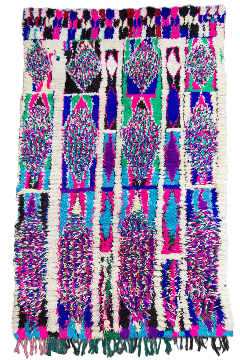 Neon Purple, Pink, Blue, Green and Ivory Azilal Moroccan Berber Accent Rug - 8’4" x 5'2"ft
